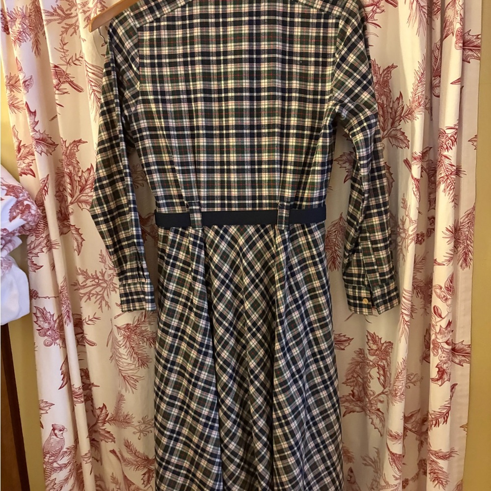 Tatyana Navy, Green and Cream Plaid Long-Sleeve Belted Midi Dress